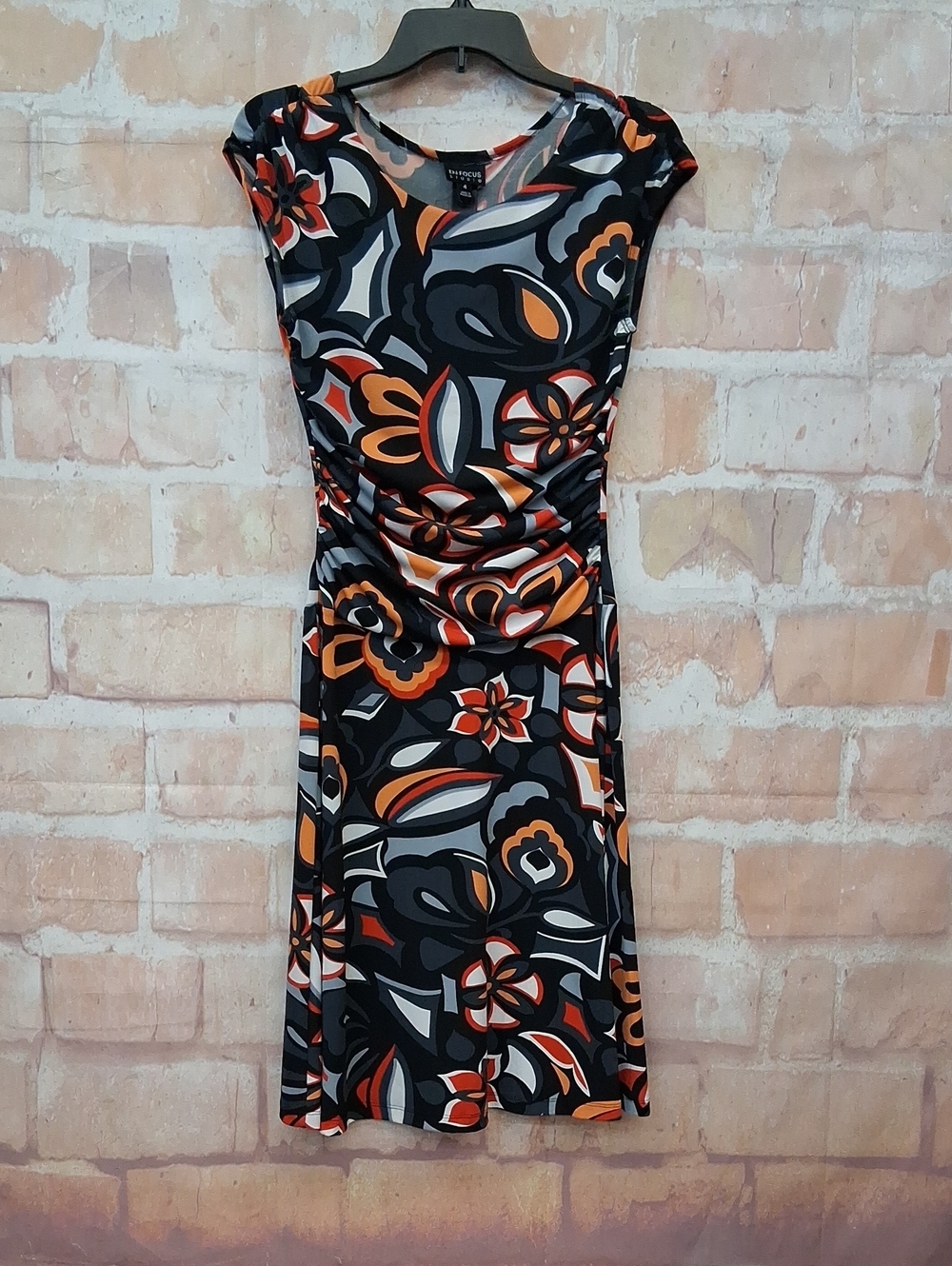 Enfocus Studio Black Floral-Print Ruched Midi Dress with Orange Accents